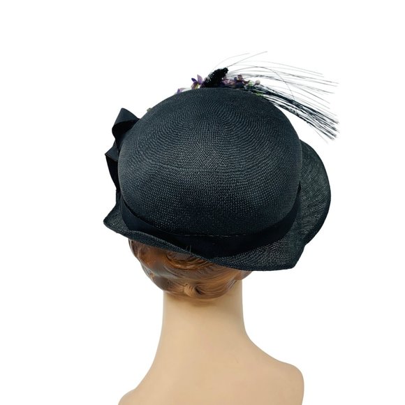 Vintage 1940s Purple Flower Hat Black Straw Cloche Macy\'s New York main image 11
